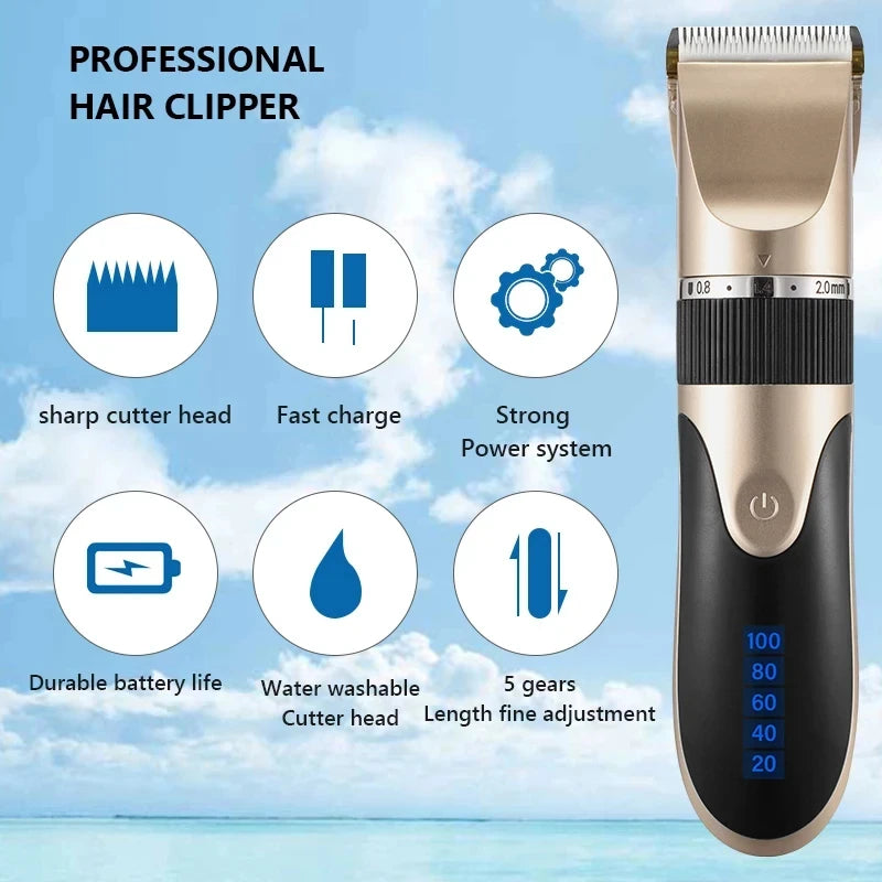 Máquina de Cortar Cabelo Elétrica Profissional Sem Fio e Recarregável - Para Homens, Adultos e Crianças